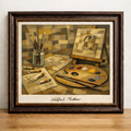 Cubist artist's workspace in earthy tones