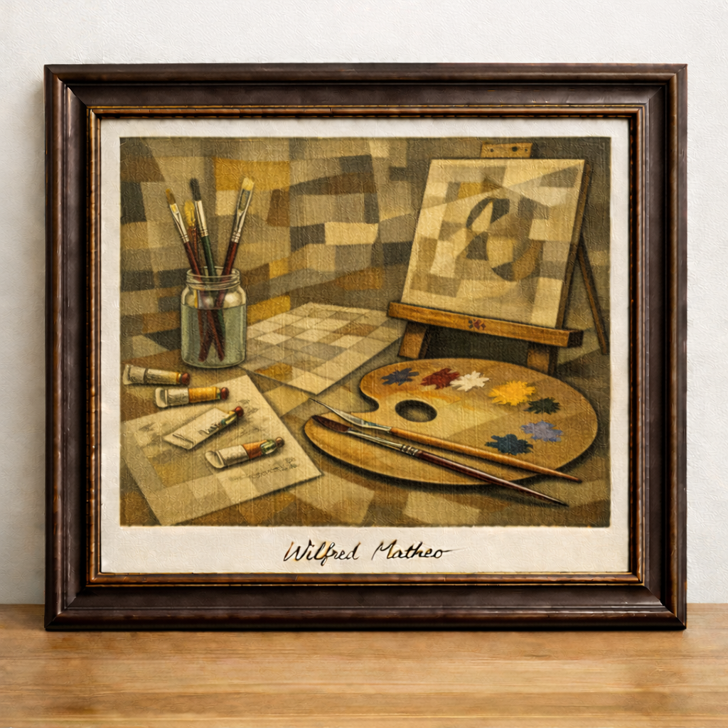 Cubist artist's workspace in earthy tones