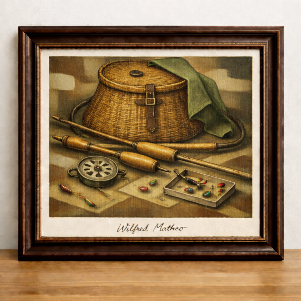 Cubist fishing still life artwork