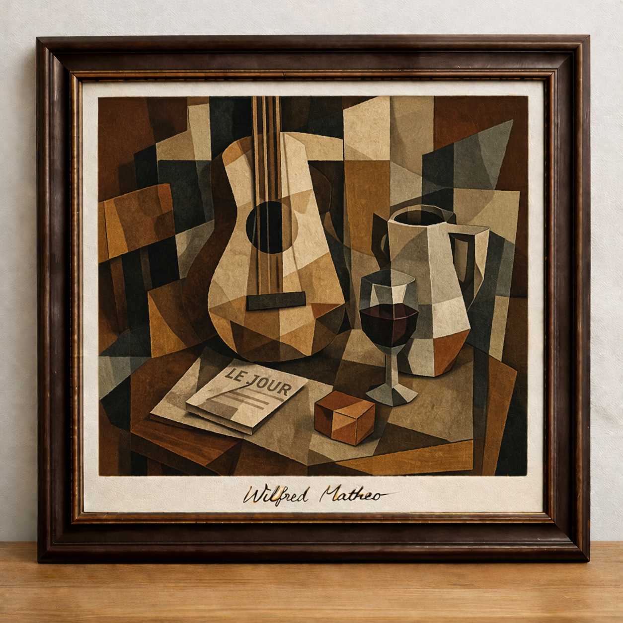 Cubist still life on wooden table