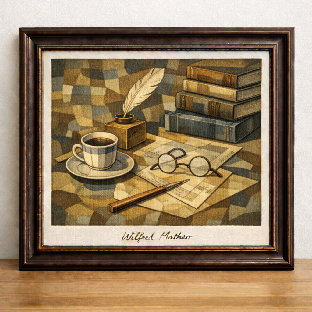 Cubist still life with books and coffee