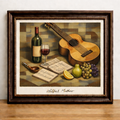 Cubist still life with guitar and wine
