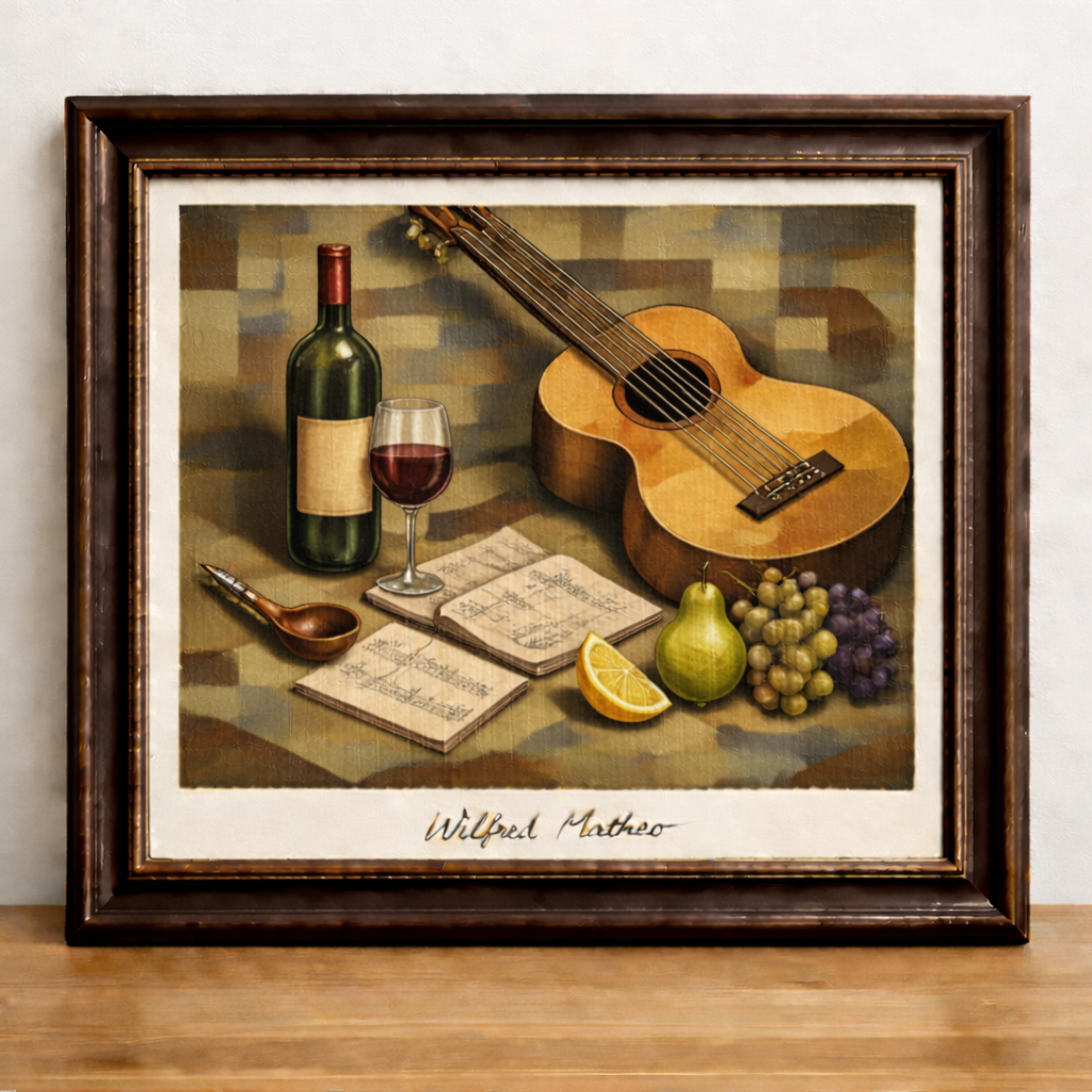 Cubist still life with guitar and wine