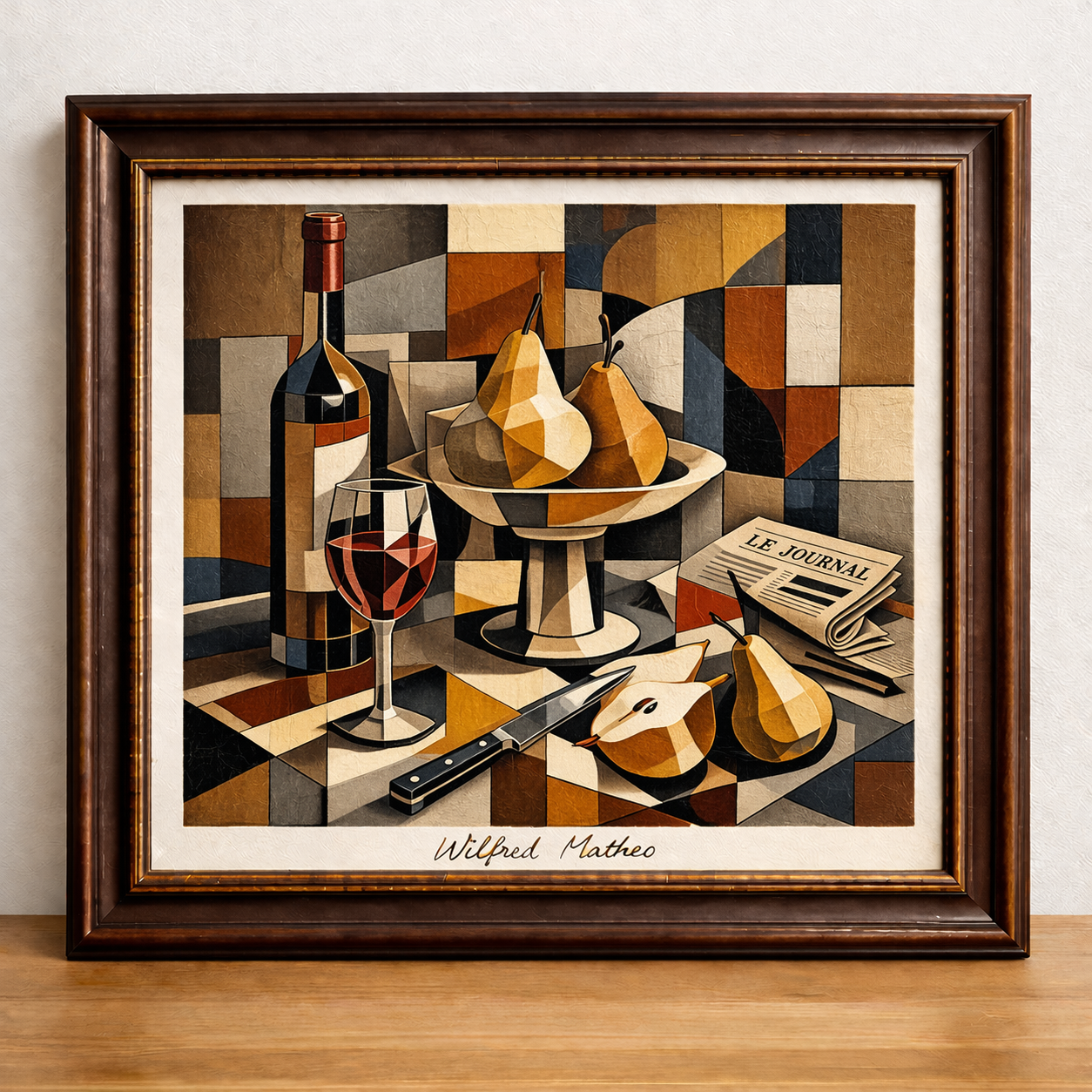 Cubist still life with pears and wine