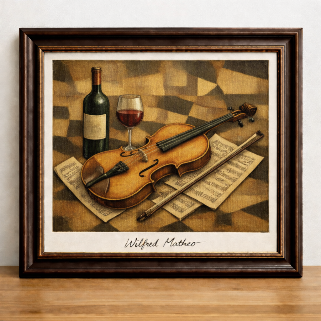 Cubist still life with violin and wine