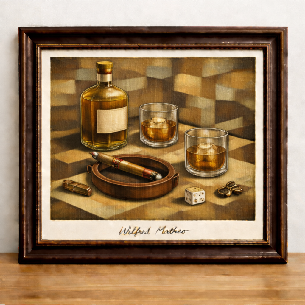 Cubist still life with whiskey and cigar