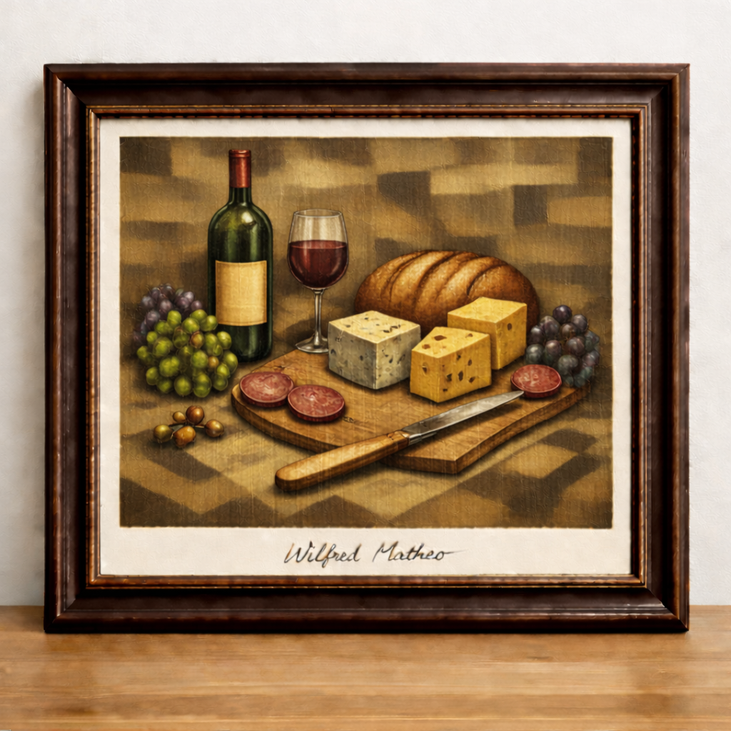 Cubist wine and cheese arrangement